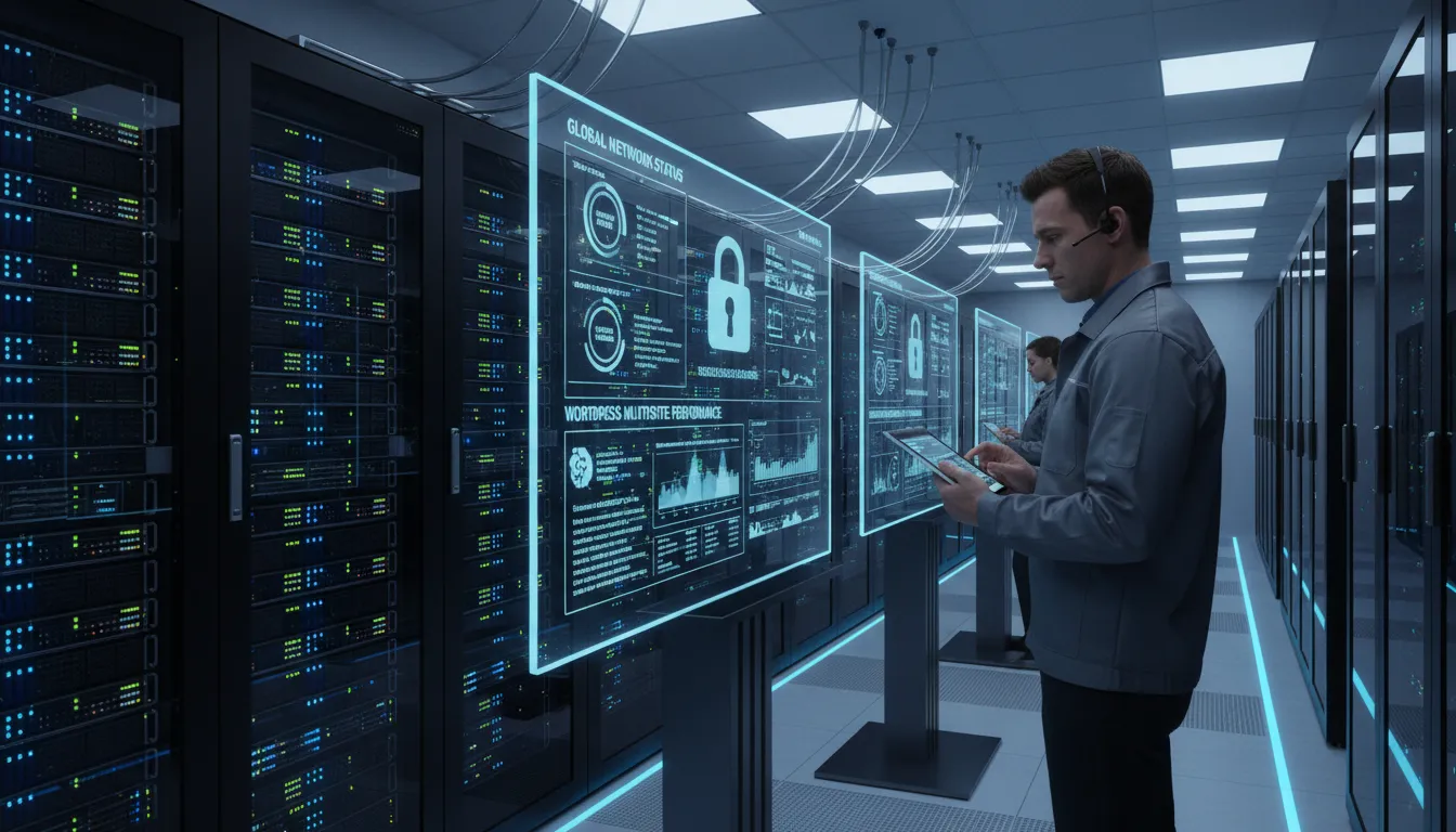 WordPress Multisite 2026: Quando e Como Usar 3 Sala de servidores moderna exibindo monitoramento de WordPress Multisite, traduzindo segurança e escalabilidade.