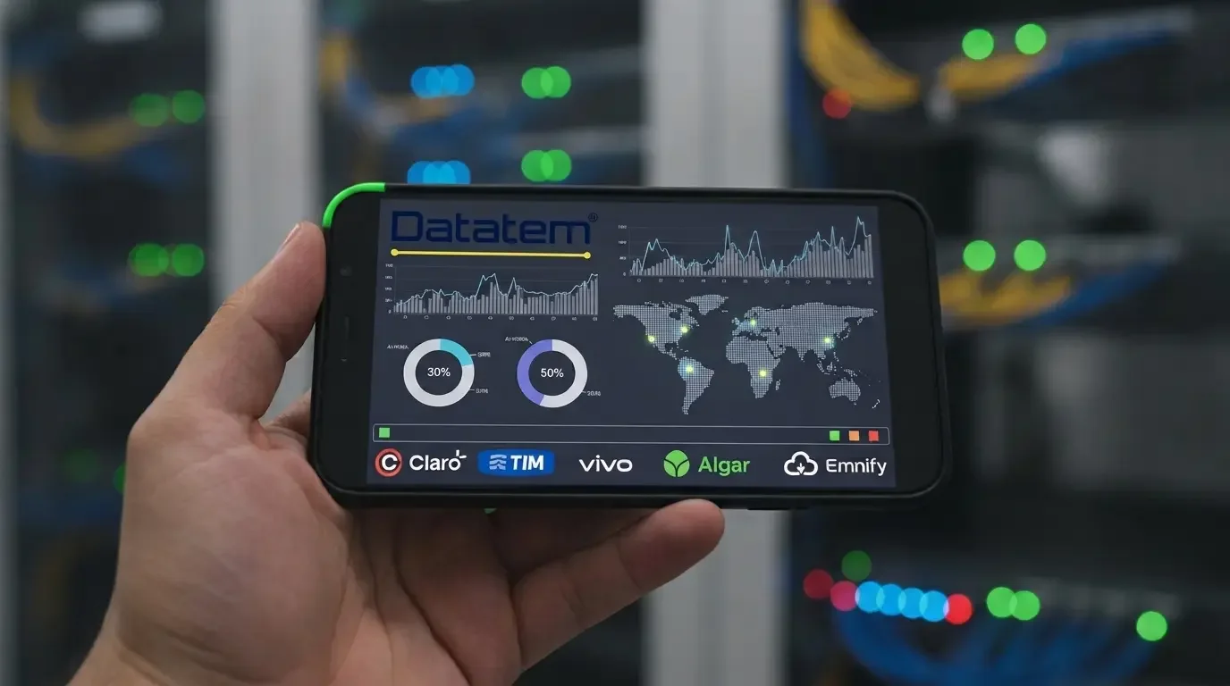 Mão gerencia conectividade IoT em dashboard Datatem. Escolha fornecedor eSIM certificado GSMA para controle total de dados.