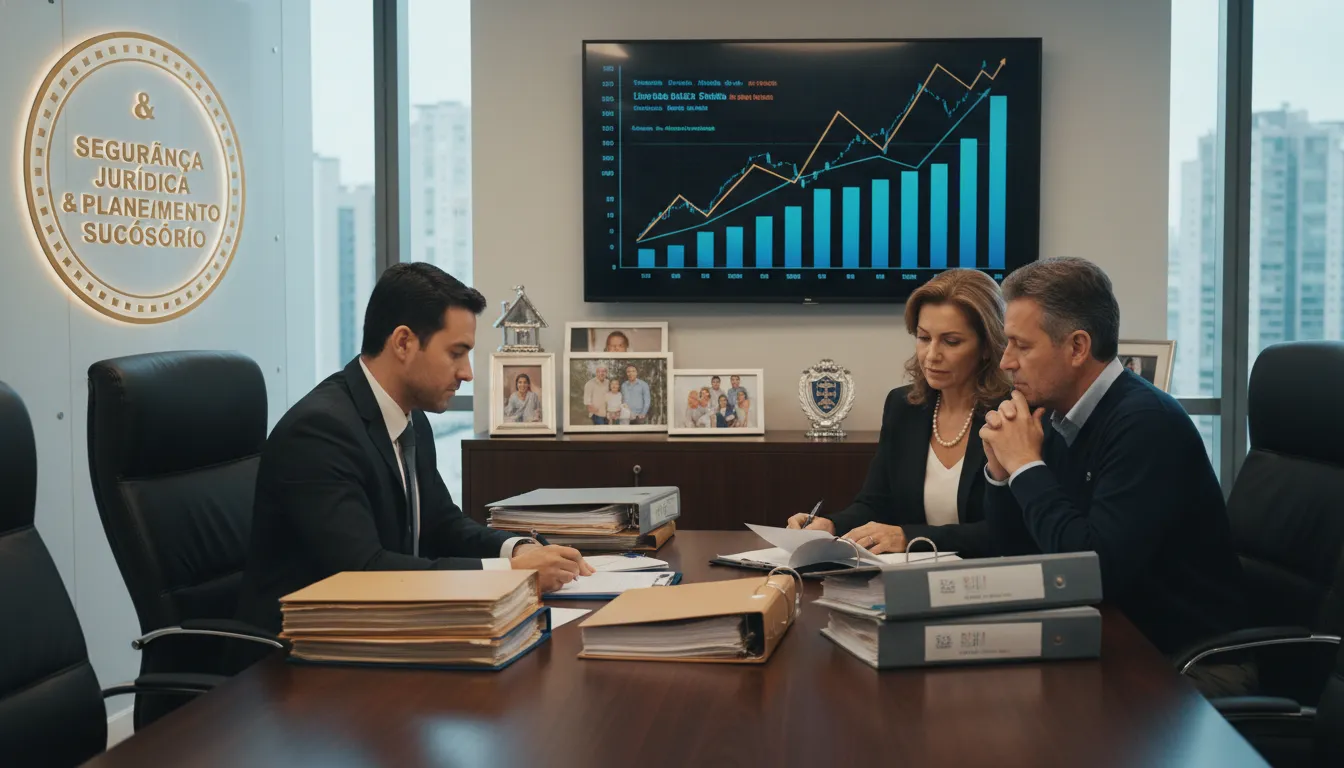 Profissional auxiliando casal em planejamento sucessório seguro e transparente