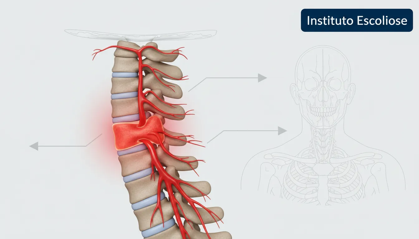 Ilustração digital da coluna cervical mostrando a compressão de uma raiz nervosa, causa de formigamento nas mãos e braços. Instituto Escoliose.