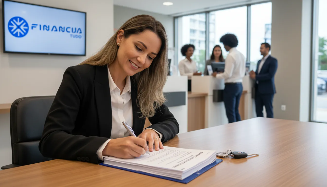 Pessoa assinando contrato para trocar dívida por crédito mais barato, utilizando seu veículo como garantia de forma confiante.