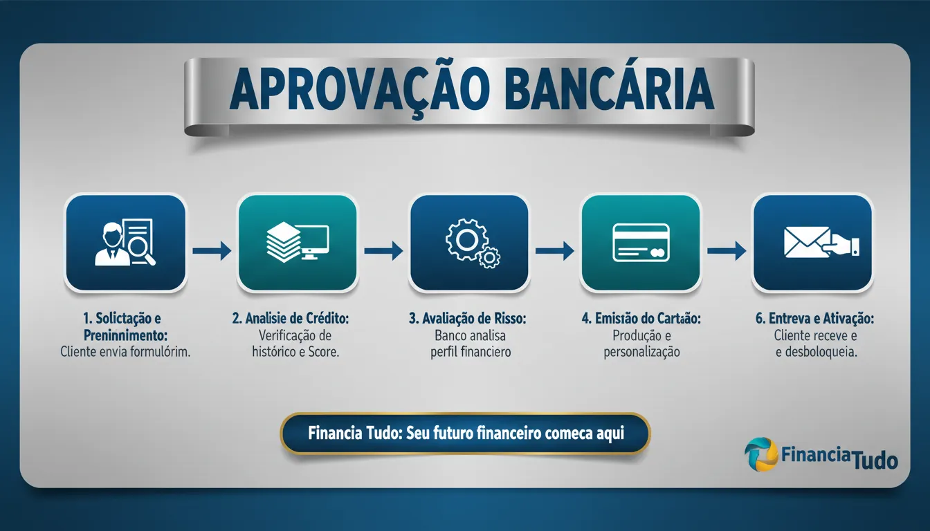 Infográfico detalhando o processo de aprovação de cartão de crédito nos bancos, com ícones e passos claros, utilizando as cores da Financia Tudo para fácil compreensão.