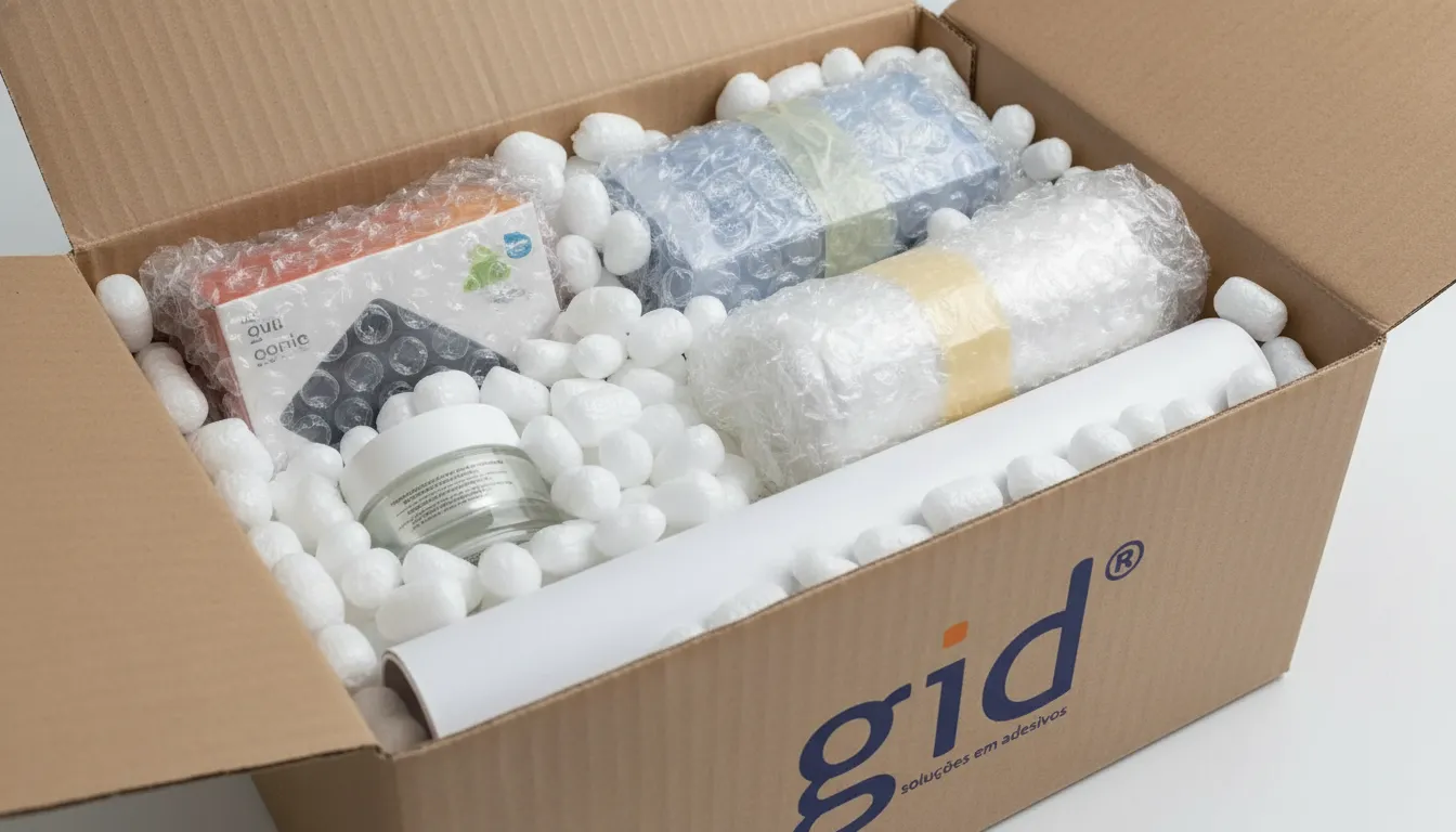 Close-up de produtos embalados dentro de uma caixa embalagem, protegidos com plástico bolha.