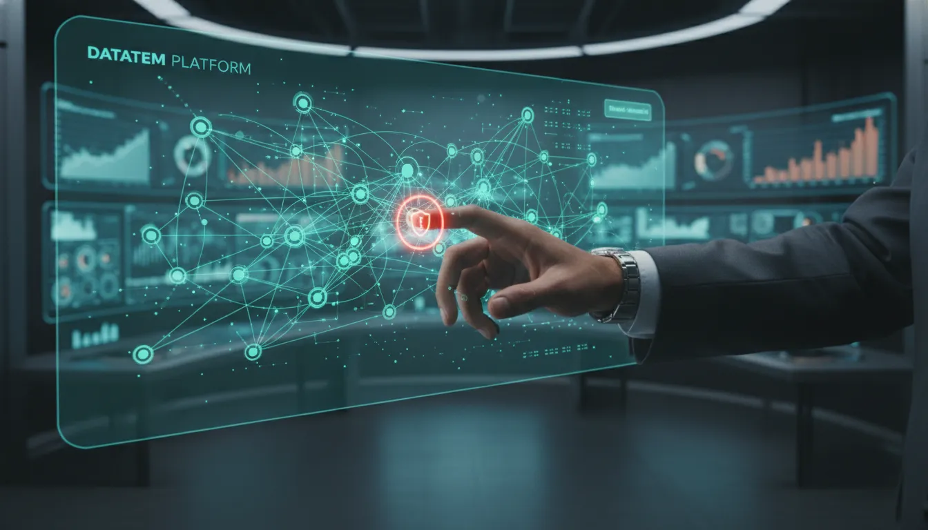 Gestão de segurança cibernética em IoT: mão interage com interface protegendo milhares de dispositivos Datatem.