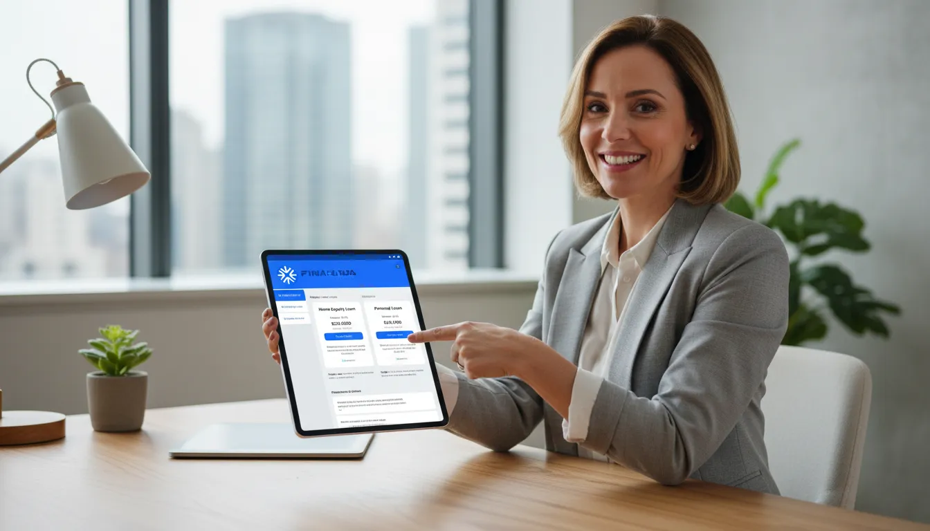 Mulher confiante analisa opções de home equity ou empréstimo pessoal no app Financia Tudo, tomando decisões financeiras informadas.