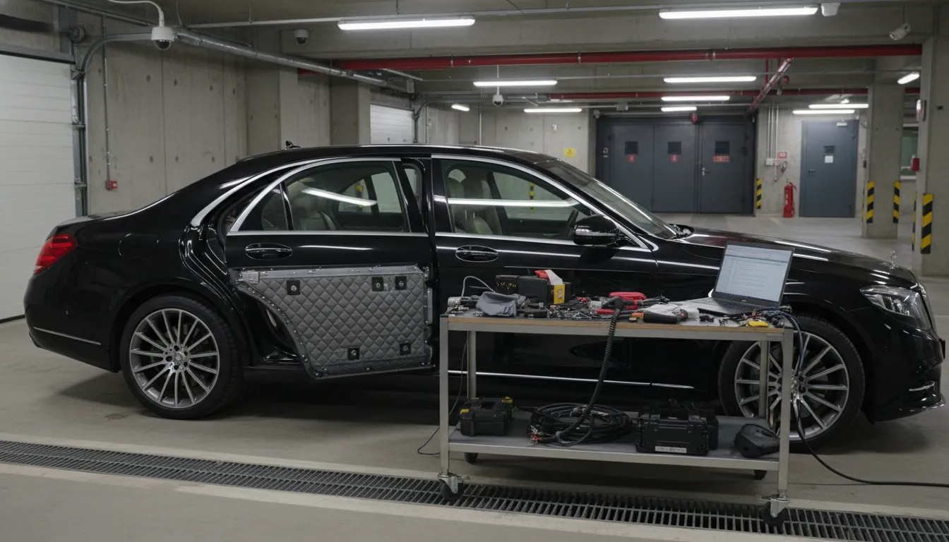 Painel de porta desmontado de um carro blindado, revelando a complexidade da blindagem custo manutenção e as modificações necessárias.