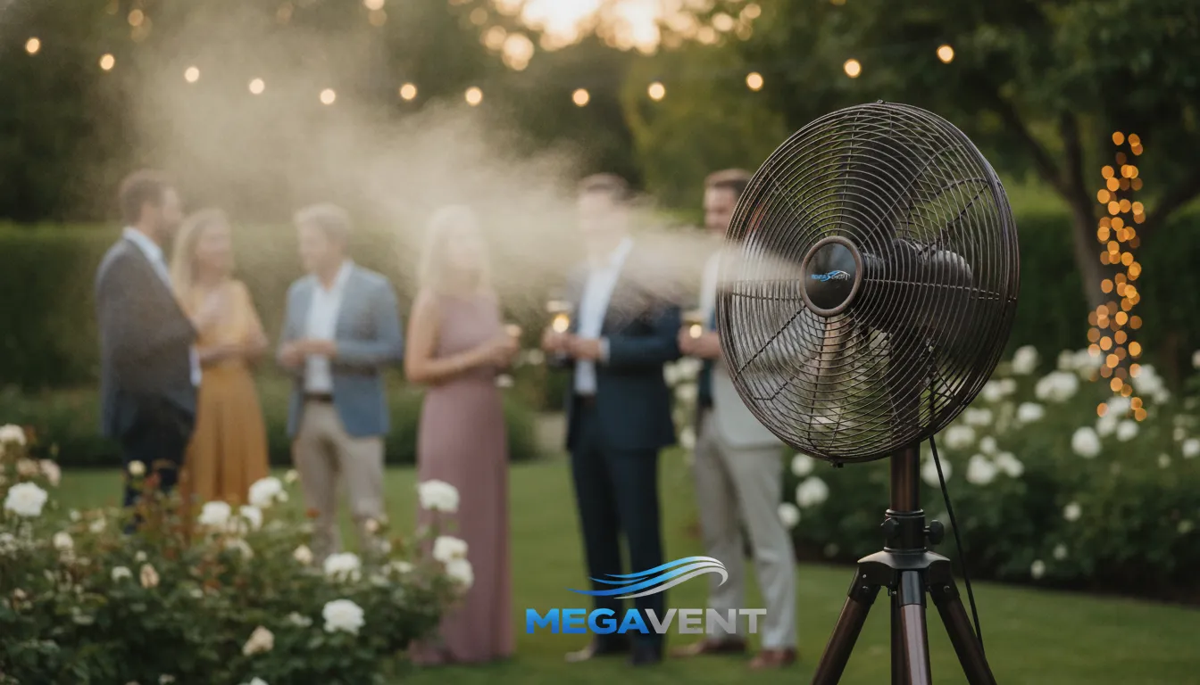Ventilador para eventos MegaVent com névoa refrescante em festa jardim, garantindo bem-estar convidados.