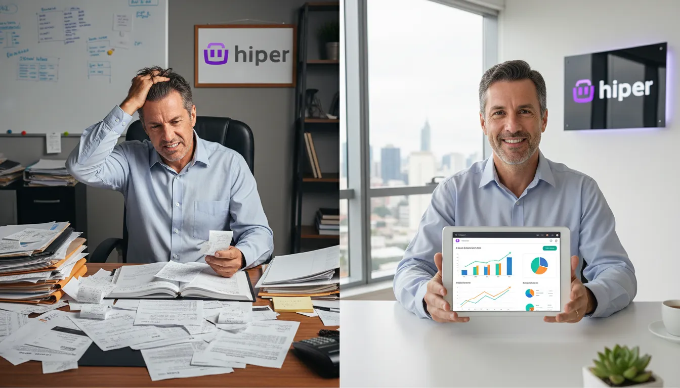 Um empresário antes e depois de usar um sistema de gestão, enfatizando markup como calcular e otimizar.
