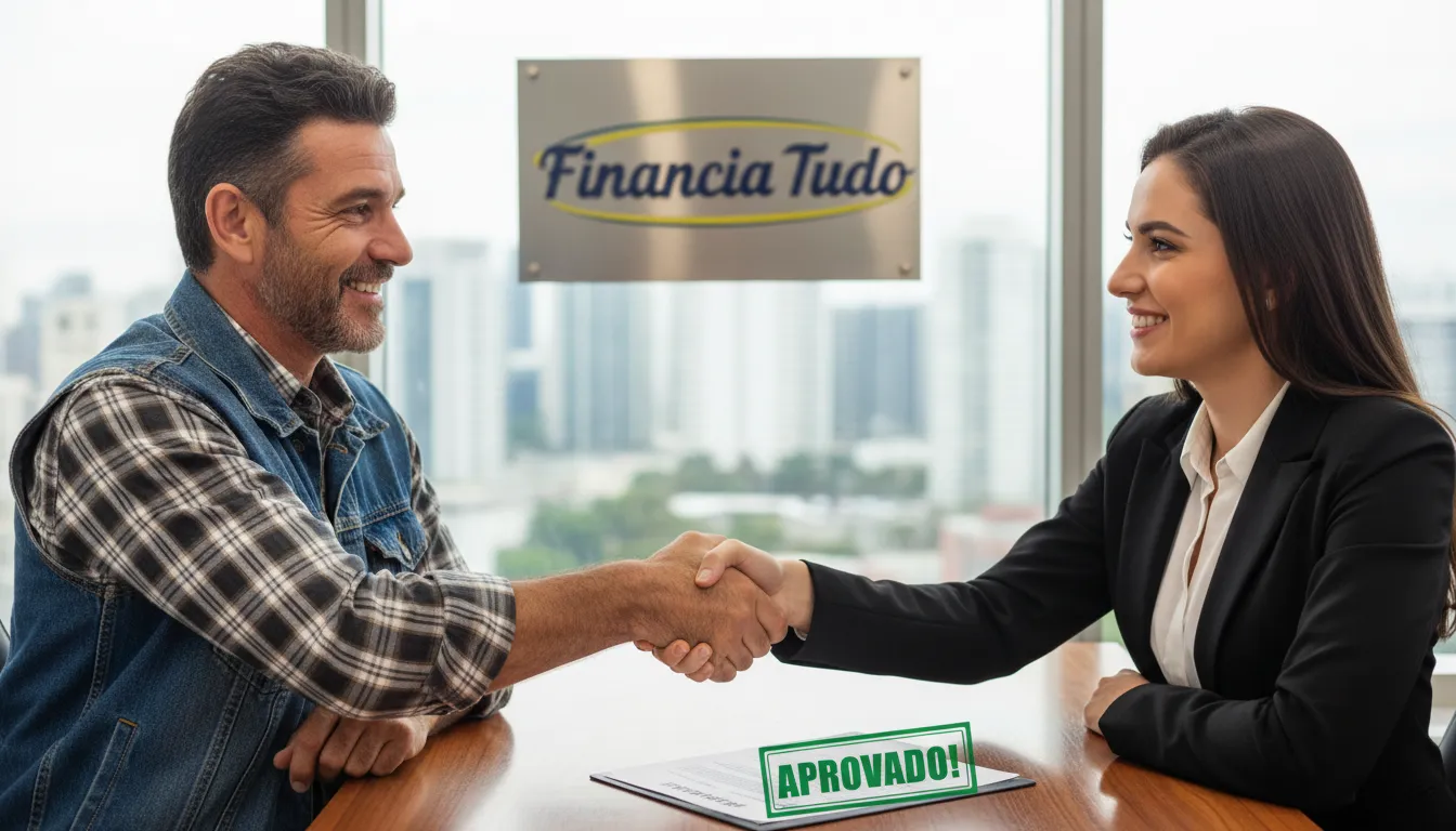 Motorista de caminhão sorrindo e apertando a mão de um consultor financeiro após a aprovação do financiamento. Simulação de financiamento de caminhão facilitada pela Financia Tudo.
