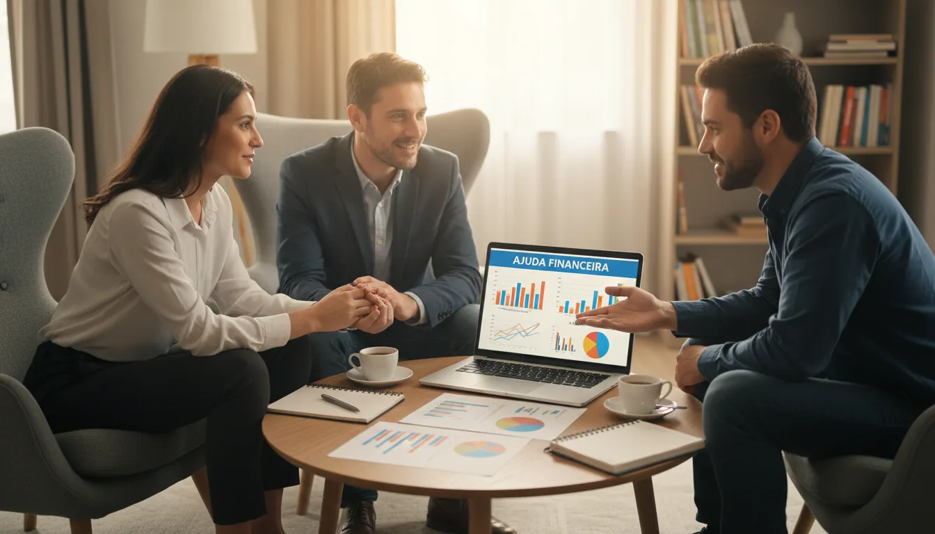 Um conselheiro financeiro orientando um casal com um plano, representando soluções financeiras.