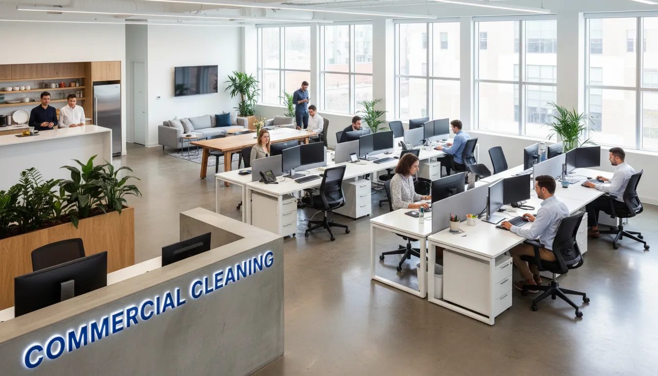 Modern office space highlighting commercial cleaning services offered by reliable house cleaning companies near me, ensuring a productive workspace.