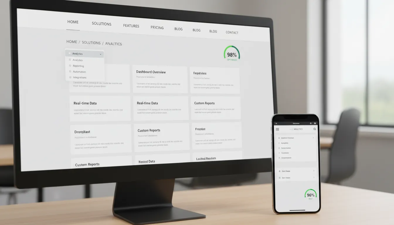 Site que Converte em 2026: Elementos Obrigatórios 1 Navegação intuitiva em site responsivo, com menus, breadcrumbs e carregamento veloz em múltiplos dispositivos.