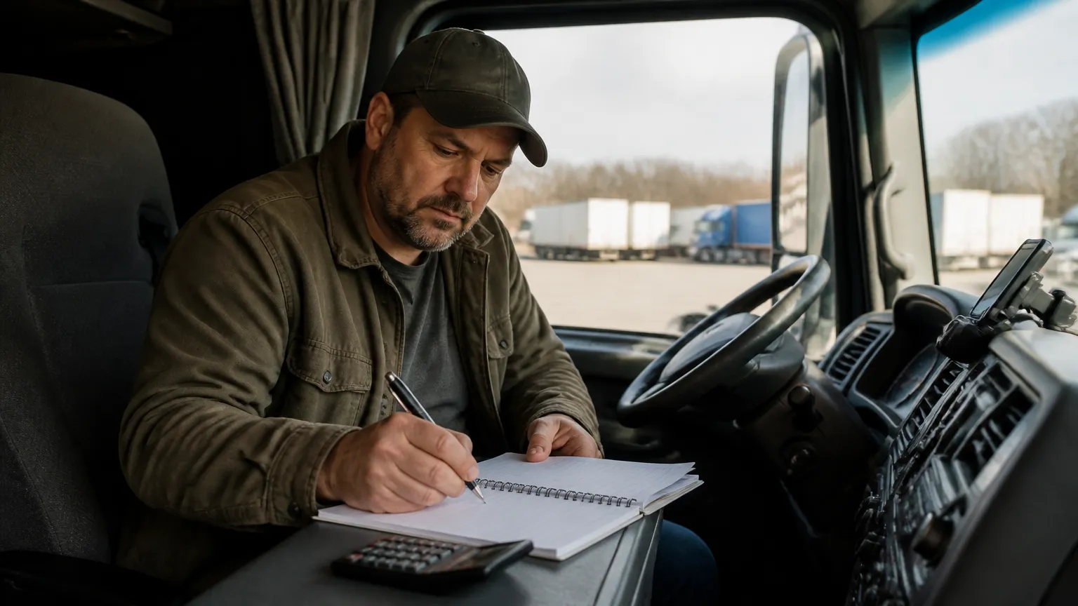 Motorista organizando finanças e avaliando crédito para transportador autônomo na cabine.
