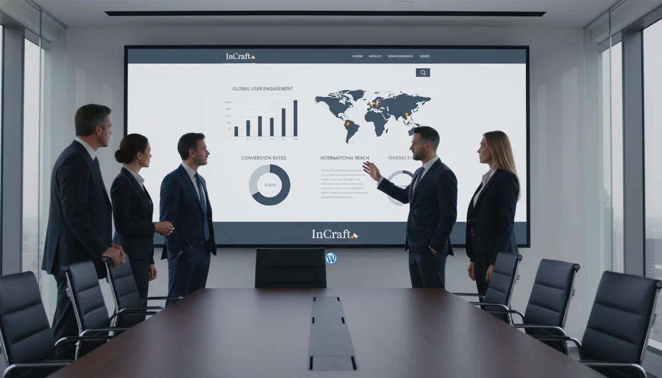 Executivos B2B em uma reunião estratégica visualizam o impacto global de sites de alta performance de uma agencia de marketing.