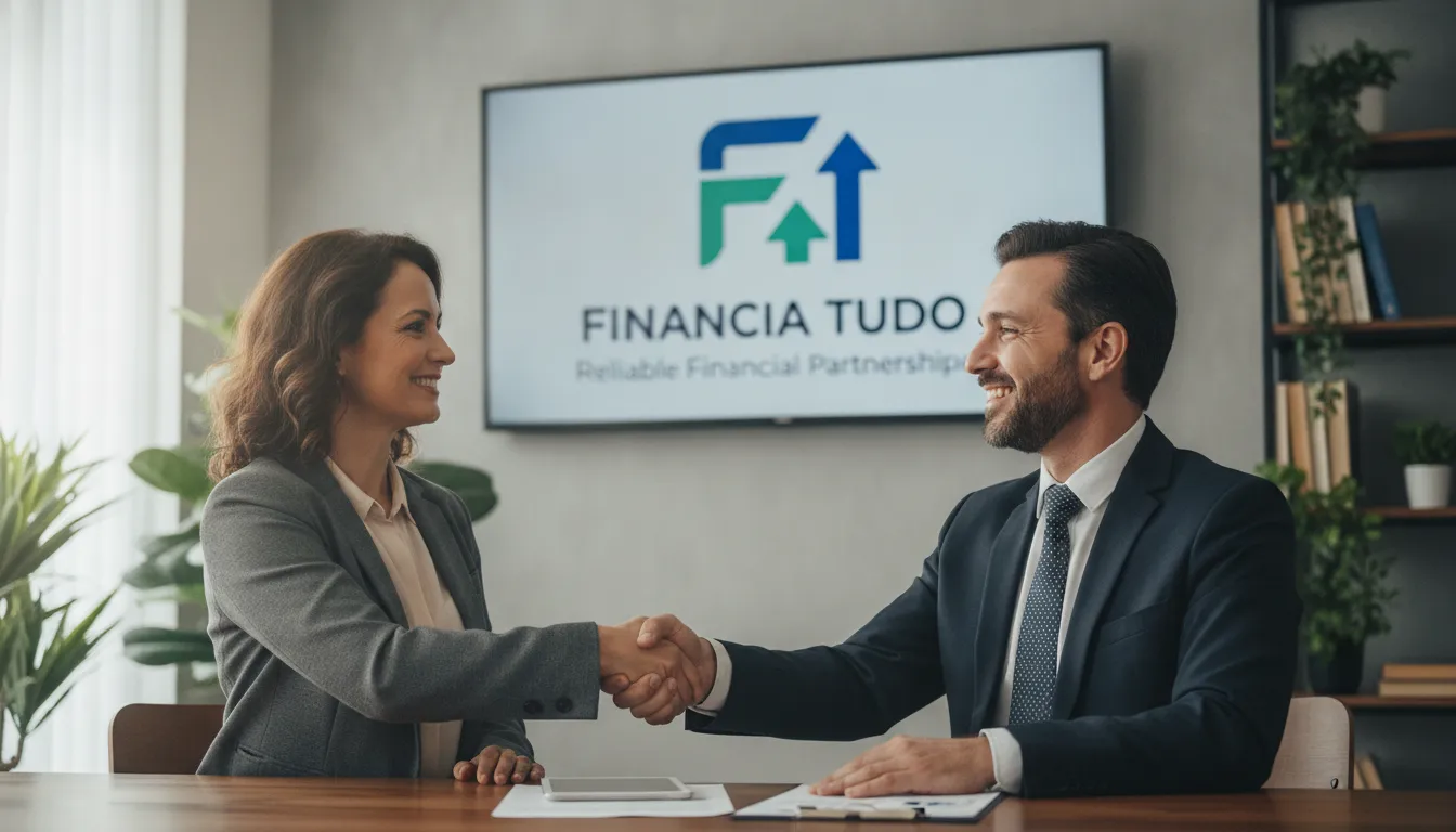 Cliente e contador apertam mãos, simbolizando confiança em soluções financeiras para contabilidade.