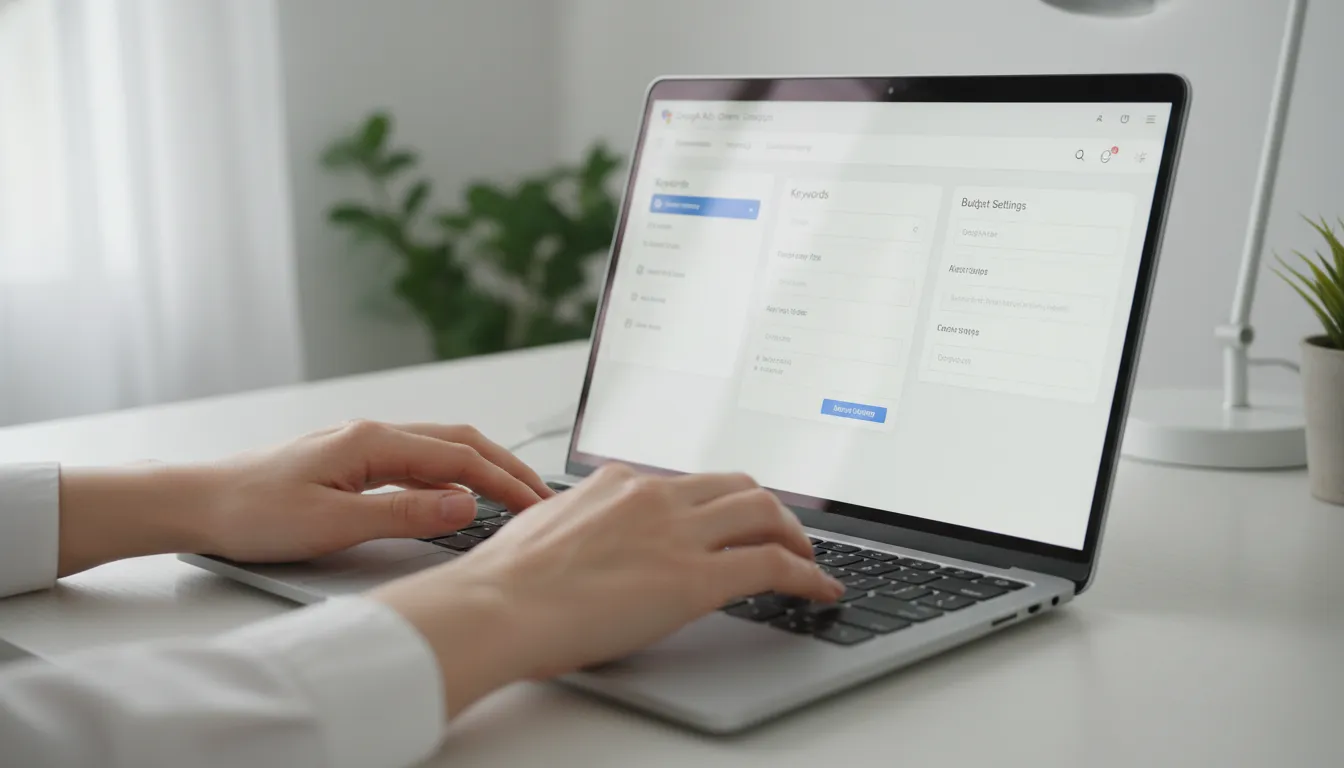 Mãos digitam em laptop, criando nova campanha Google Ads com palavras-chave e orçamento definidos.