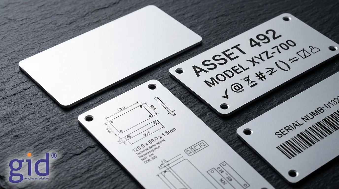 Modelos de placa de identificação em alumínio anodizado sobre superfície escura em estúdio.
