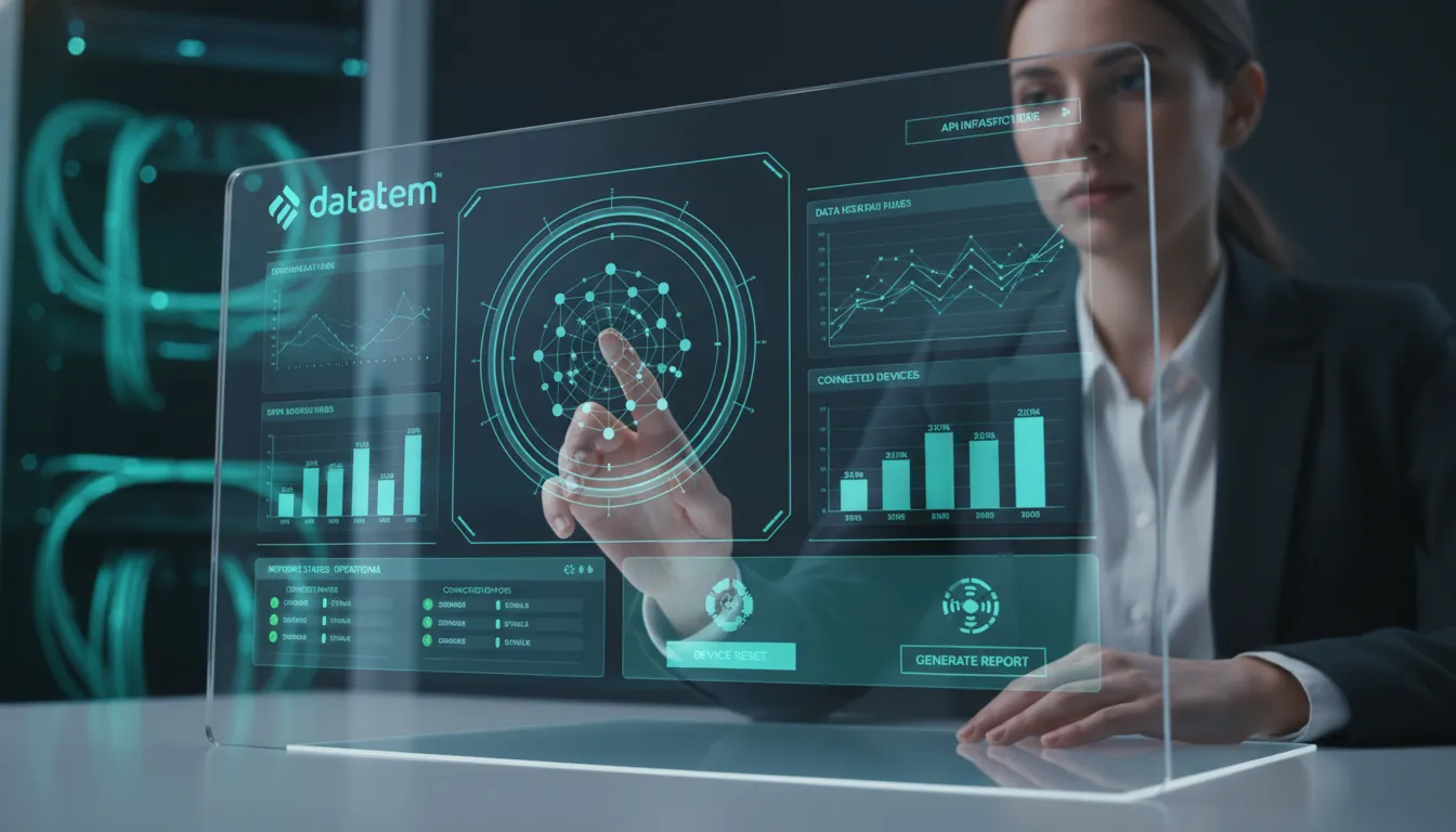 Usuário interagindo com a plataforma Datatem, controlando chips e conectividade em tempo real. A API garante segurança e estabilidade das conexões.