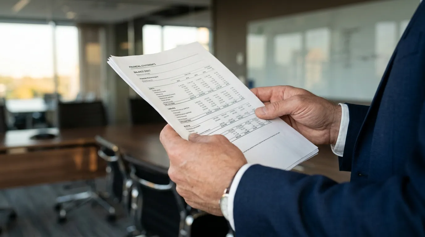 Executivo segurando documento impresso com balanço patrimonial em escritório moderno.