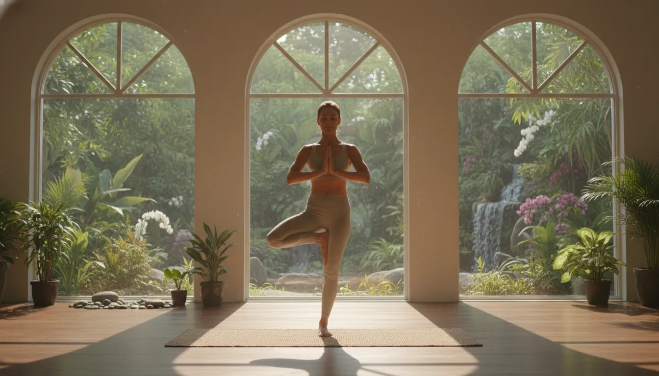 Mulher praticando yoga em estúdio ensolarado, representando as terapias alternativas para bem-estar físico e mental, com foco na paz e atenção plena.