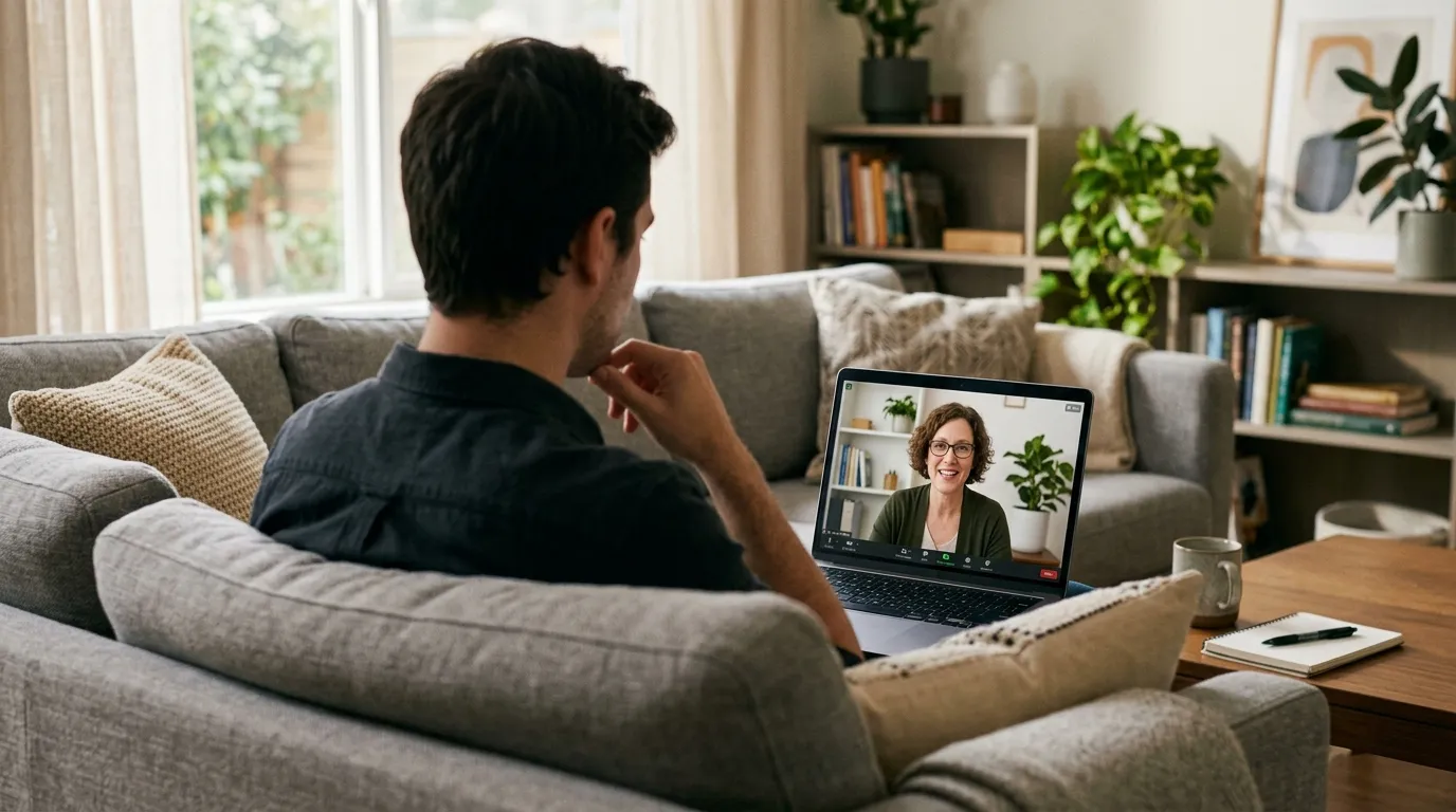 Homem em consulta online buscando autoconhecimento com psicólogo especialista.