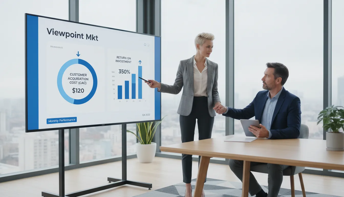 Estrategista de marketing apresenta relatório de mkt de performance para dono de clínica wellness, mostrando CAC e ROI. Uma parceria estratégica da Viewpoint.