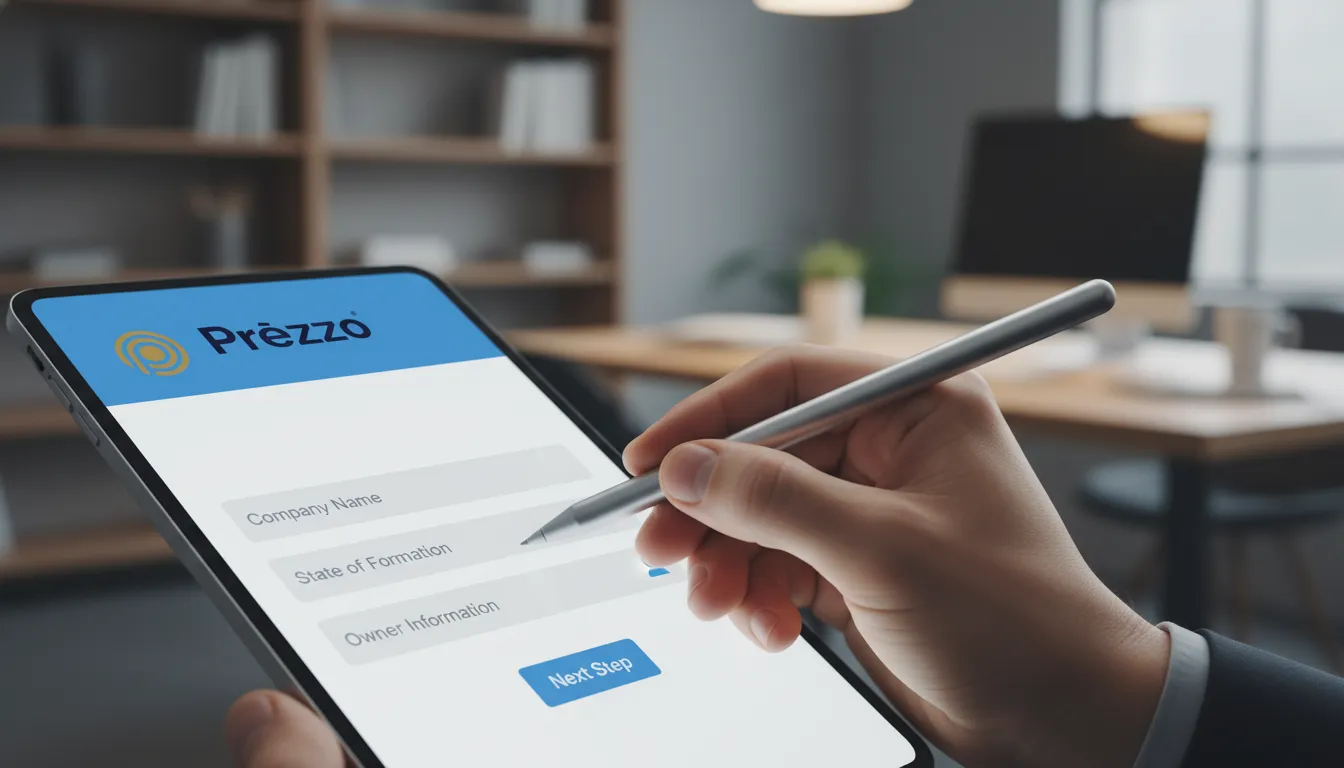 Mão preenchendo formulário digital para abertura de LLC nos EUA, mostrando praticidade e agilidade do processo.