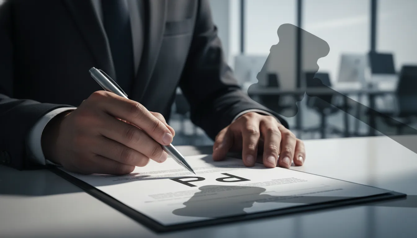 Pejotização: Mãos de empresário assinando contrato sob a sombra de um martelo judicial, simbolizando risco.