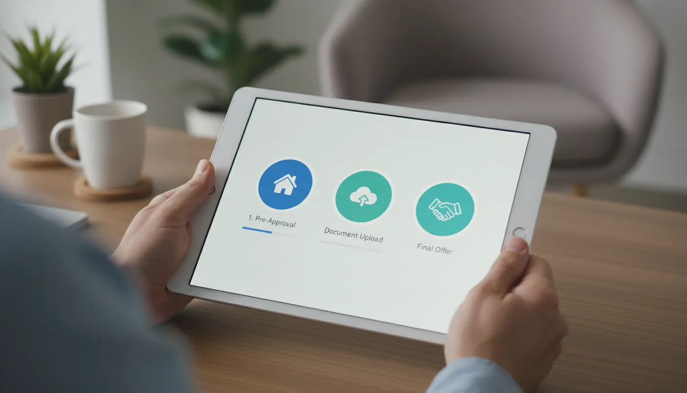 Pessoa autônoma utilizando um tablet para simular opções de financiamento imobiliário, destacando agilidade e transparência.