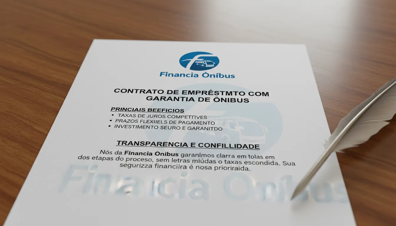 Detalhe de um contrato da Financia Tudo, destacando os benefícios do empréstimo com ônibus em garantia: juros favoráveis, termos flexíveis e investimento seguro.