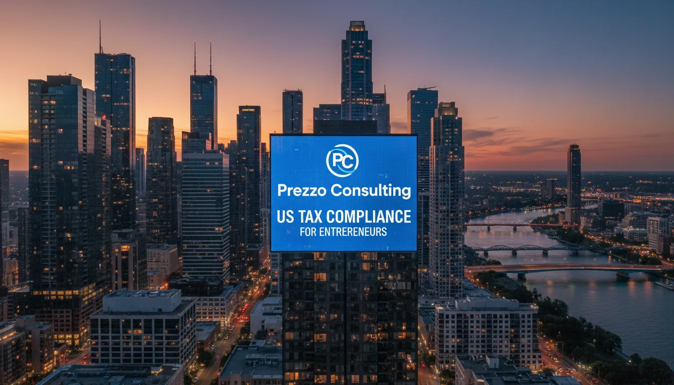Visão panorâmica da cidade com outdoor da Prezzo Consulting, mostrando como funciona a tributação nos Estados Unidos para empreendedores.