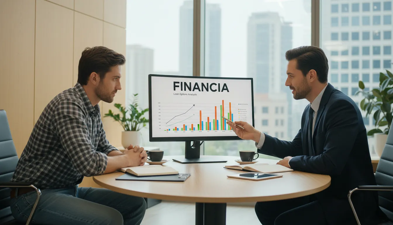 Consultor financeiro e caminhoneiro discutindo opções de crédito, representando o planejamento financeiro para obter empréstimo com caminhão em garantia.