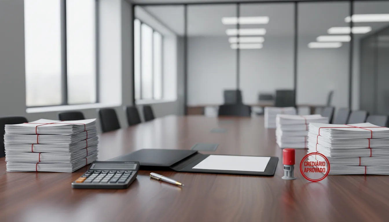 Mesa de negociação empresarial destacando documentos e instrumentos para acordos de dívida.