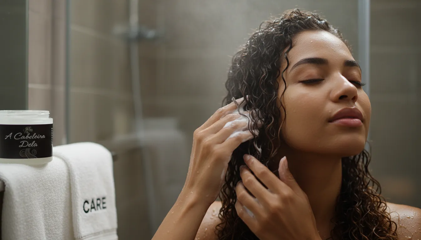 Mãos aplicando máscara nutritiva em cabelo cacheado ressecado, focando na importância da hidratação profunda.