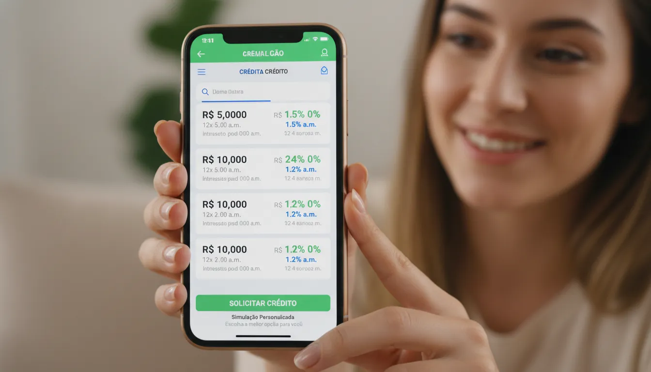 Pessoa simula empréstimo em aplicativo financeiro, explorando opções de crédito digital com praticidade e segurança.