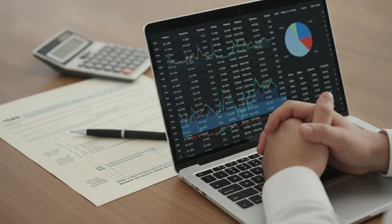 Mãos em tablet exibindo dashboard financeiro, com formulário IRS ao fundo, ilustrando conformidade ao enviar dinero a Estados Unidos.