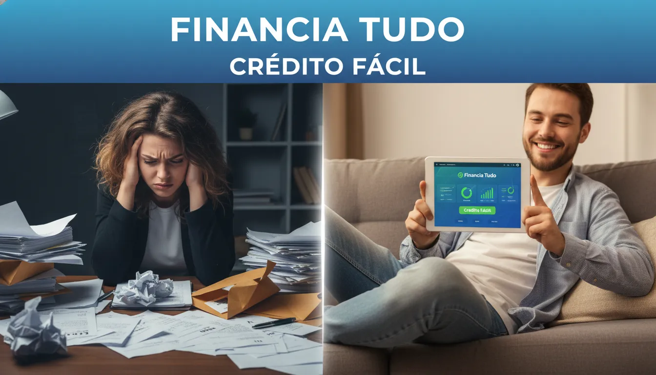 Tela dividida mostrando o antes e depois de usar a Financia Tudo para encontrar o melhor banco para empréstimo e aliviar o estresse financeiro.