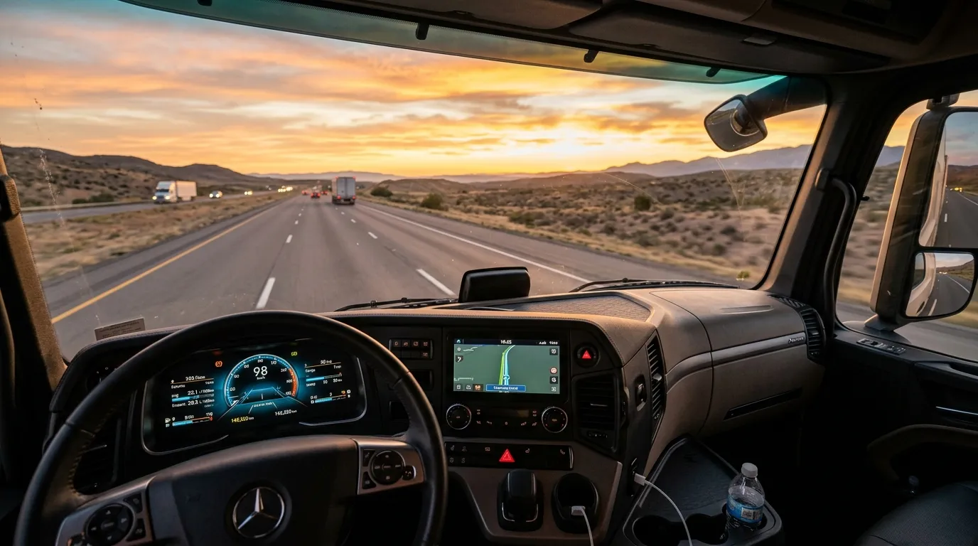 Painel digital exibindo consumo para controle do custo operacional caminhão em rodovia durante viagem.