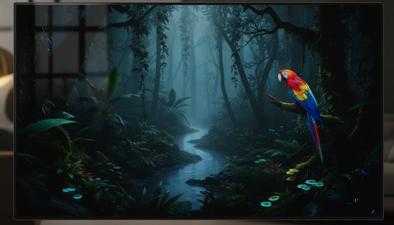 Close-up da tela de uma tv oled exibindo cores vibrantes e pretos profundos em cena da natureza.