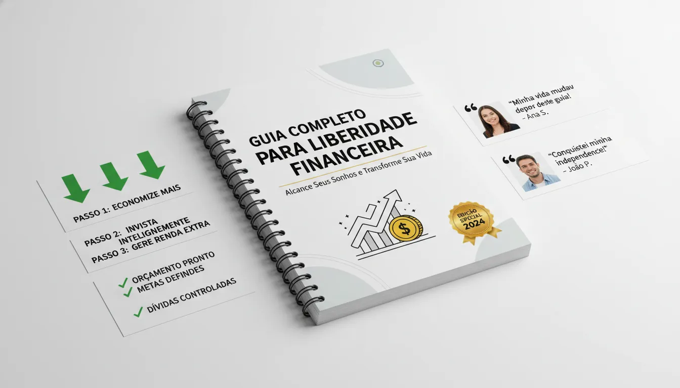 Estrutura Pronta de Landing Page de Captura para E-book 2 Capa de e-book realista impressa, com checklists e depoimentos positivos em destaque ao redor.