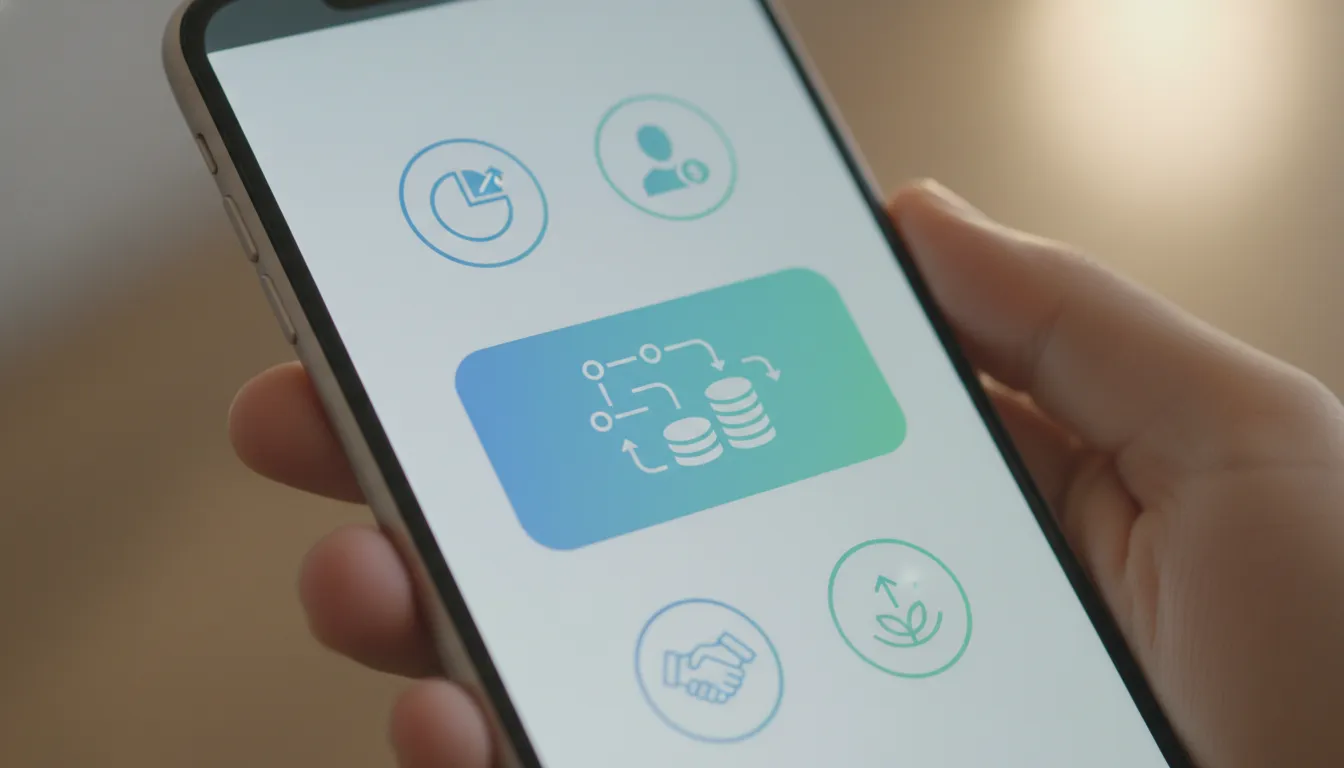 Tela de smartphone com app financeiro e botão 'Indicar e Ganhar', representando uma parceria indicação financeira digital.