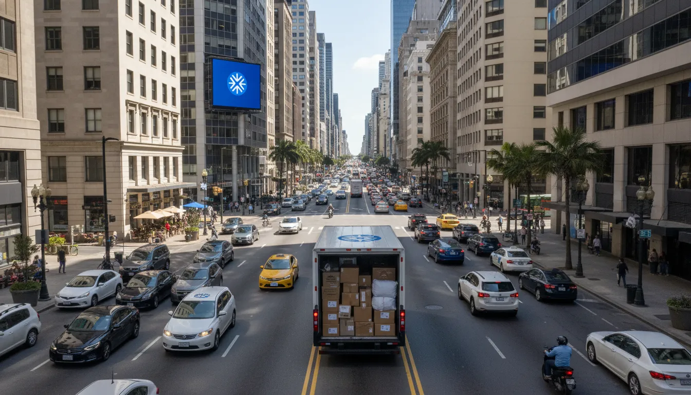 Visão aérea de van de entrega na cidade, representando que o financiamento de veículo para trabalho vale a pena para logística.