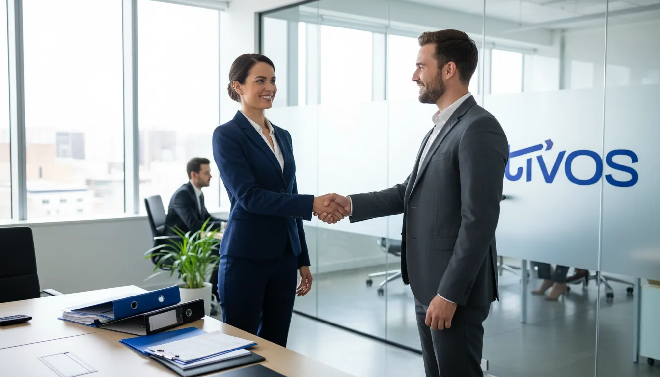Aperto de mãos confiante em escritório moderno, simbolizando um acordo seguro para antecipar meu precatório com a Ativos.
