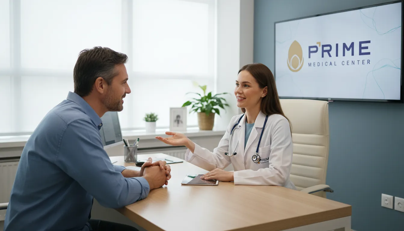 Médico explicando opções de tratamento para ejaculação precoce a paciente em consultório moderno.