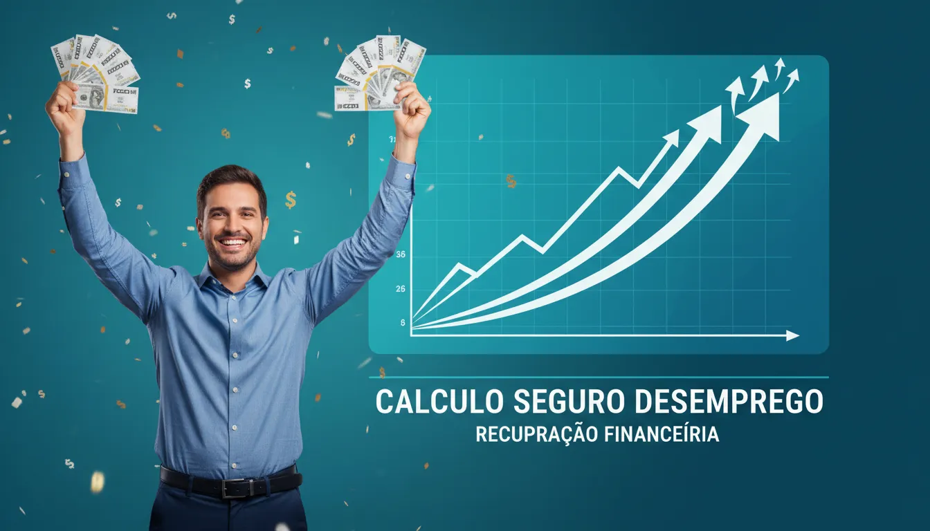 Pessoa feliz recebendo dinheiro, comemorando o calculo seguro desemprego. Gráfico estilizado ao fundo com setas para cima, representando a recuperação financeira.