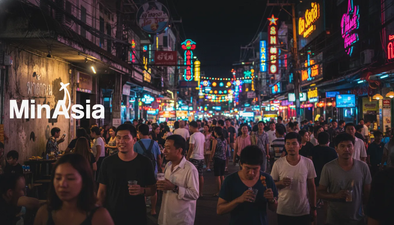 Rua Bangla, Phuket Tailândia, à noite, com luzes neon, bares e multidão animada de turistas.