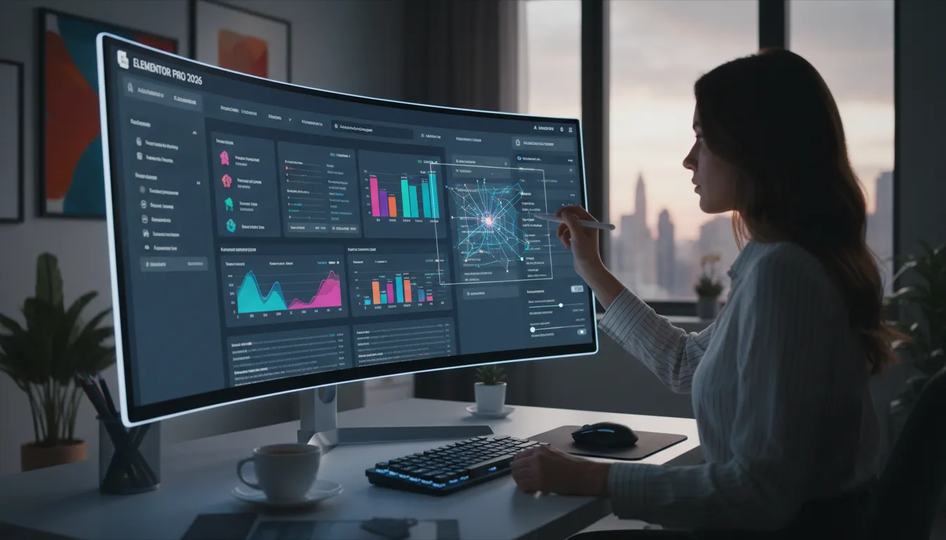 Elementor Pro 2026: Novidades e Como Criar Sites Avançados 1 Designer customizando widgets avançados e gráficos de performance no Elementor Pro 2026 com IA na tela.