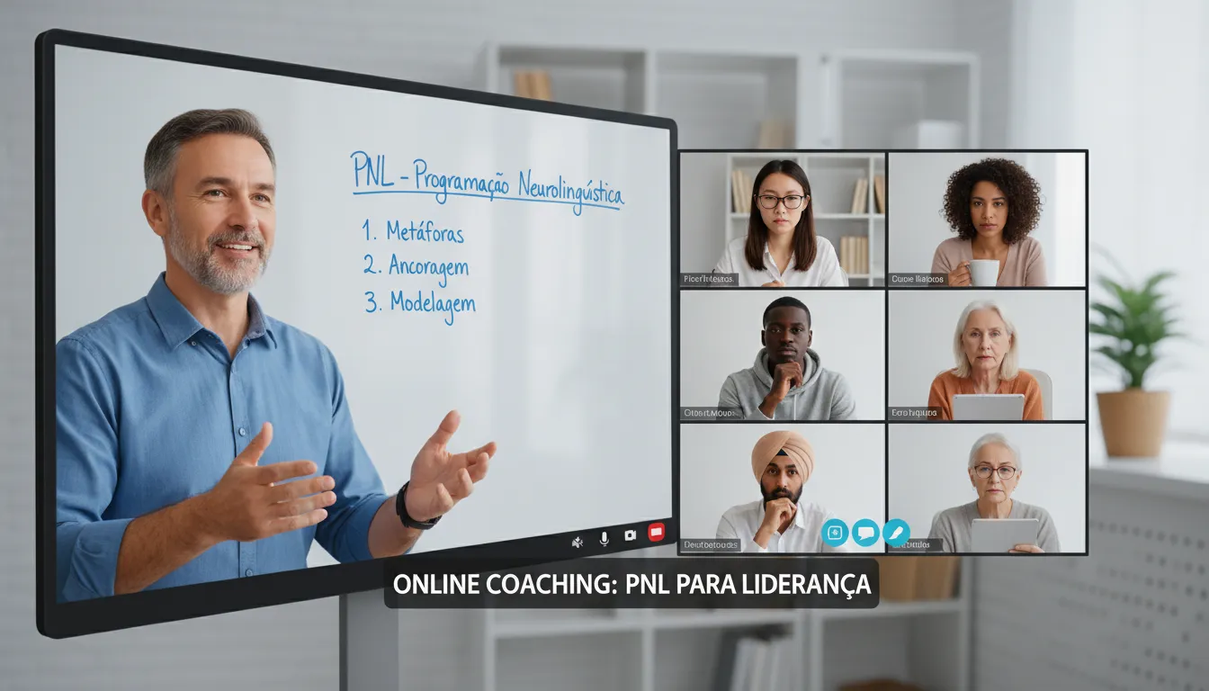 Grupo diverso participando de videoconferência sobre PNL, demonstrando aprendizado coletivo.