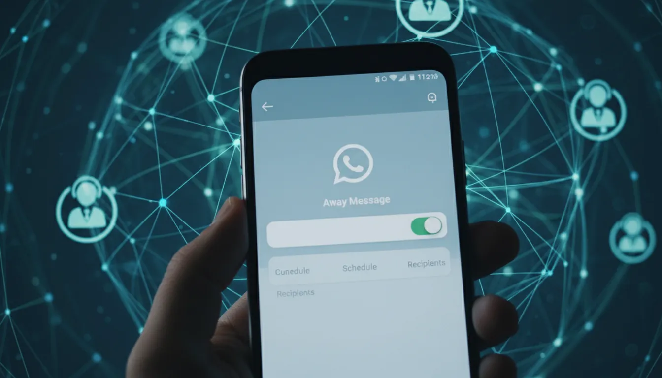 Detalhe da tela de um smartphone mostrando as configurações da mensagem de ausência whatsapp Business, destacando a personalização do texto.