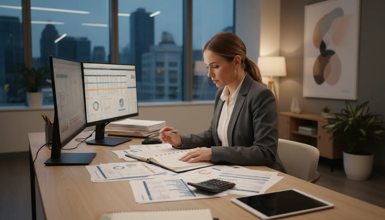 Contadora profissional analisando relatórios fiscais e financeiros em escritório moderno.